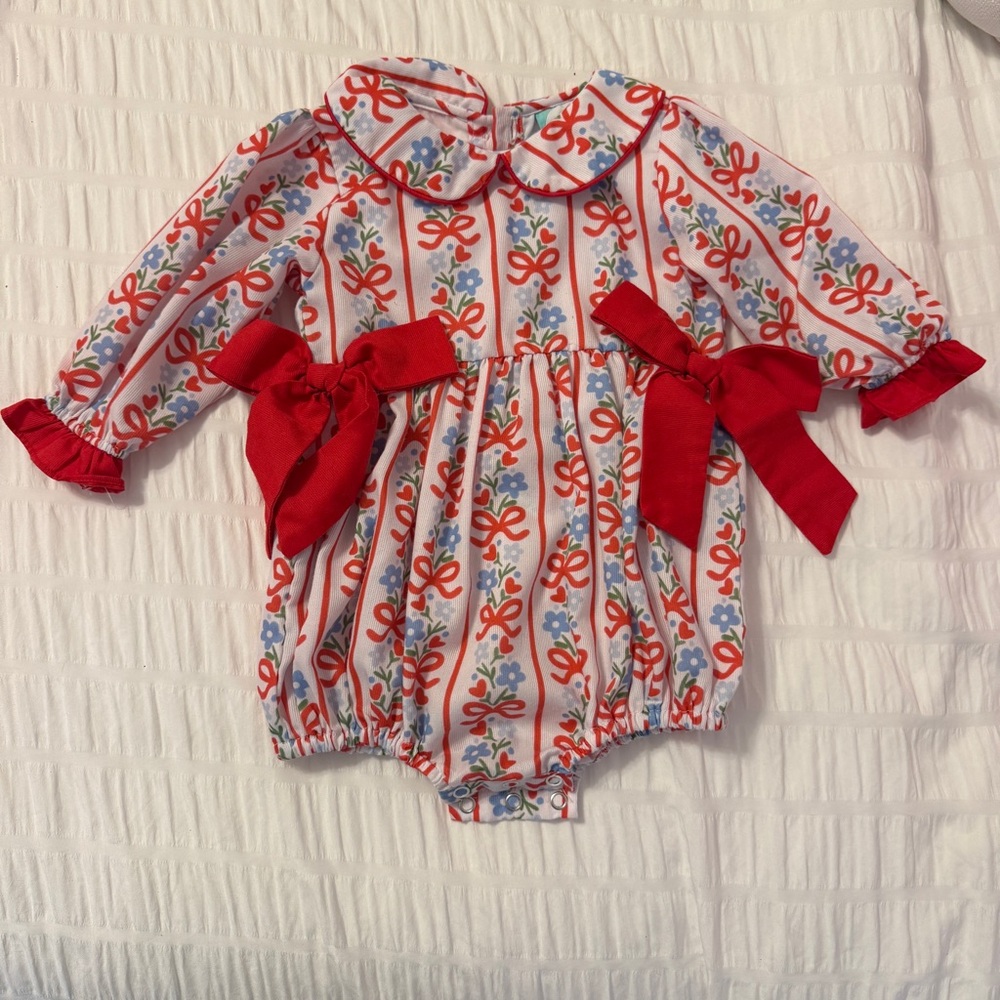 The Smocked Flamingo Red and White Floral Baby Romper